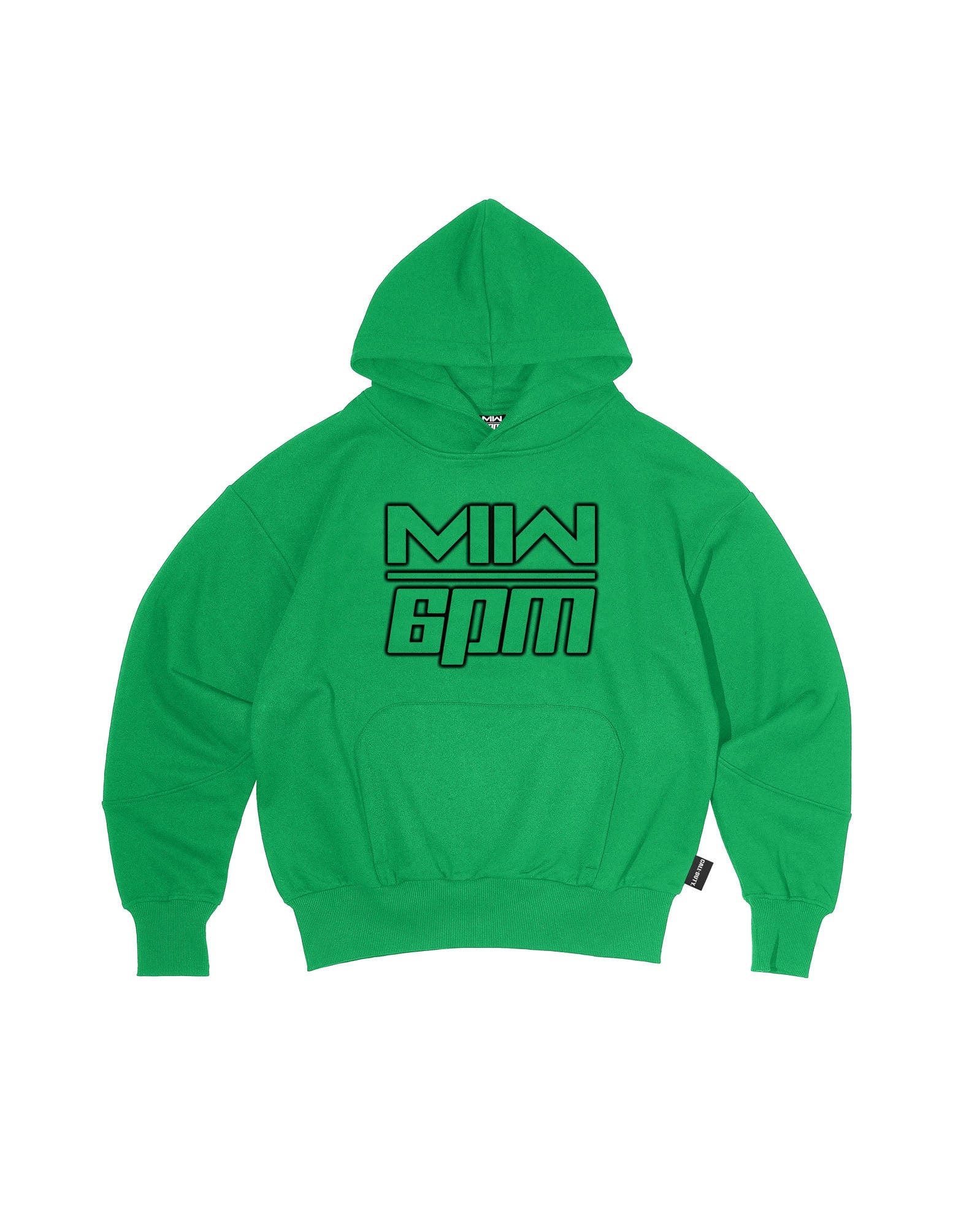 The LOGO HOODIE GREEN by 6PM is a vibrant green hoodie with a front pocket and hood, featuring bold black "MIN 6PM" lettering in a modern, geometric font across the chest.