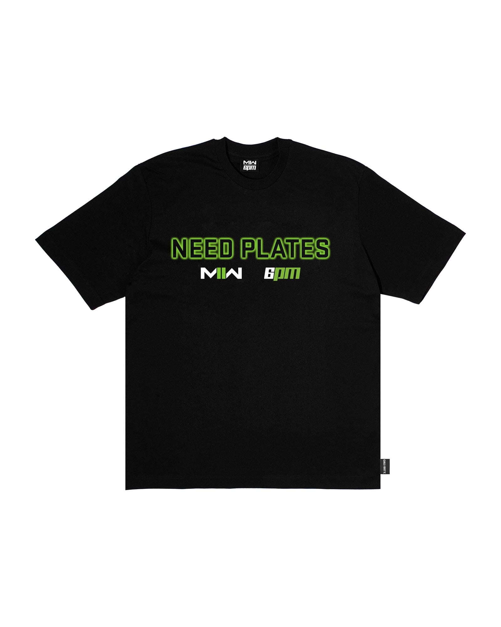 The NEED PLATES T-SHIRT BLACK by 6PM features neon green and white "NEED PLATES MIN 6pm" text on the front in bold, modern fonts.