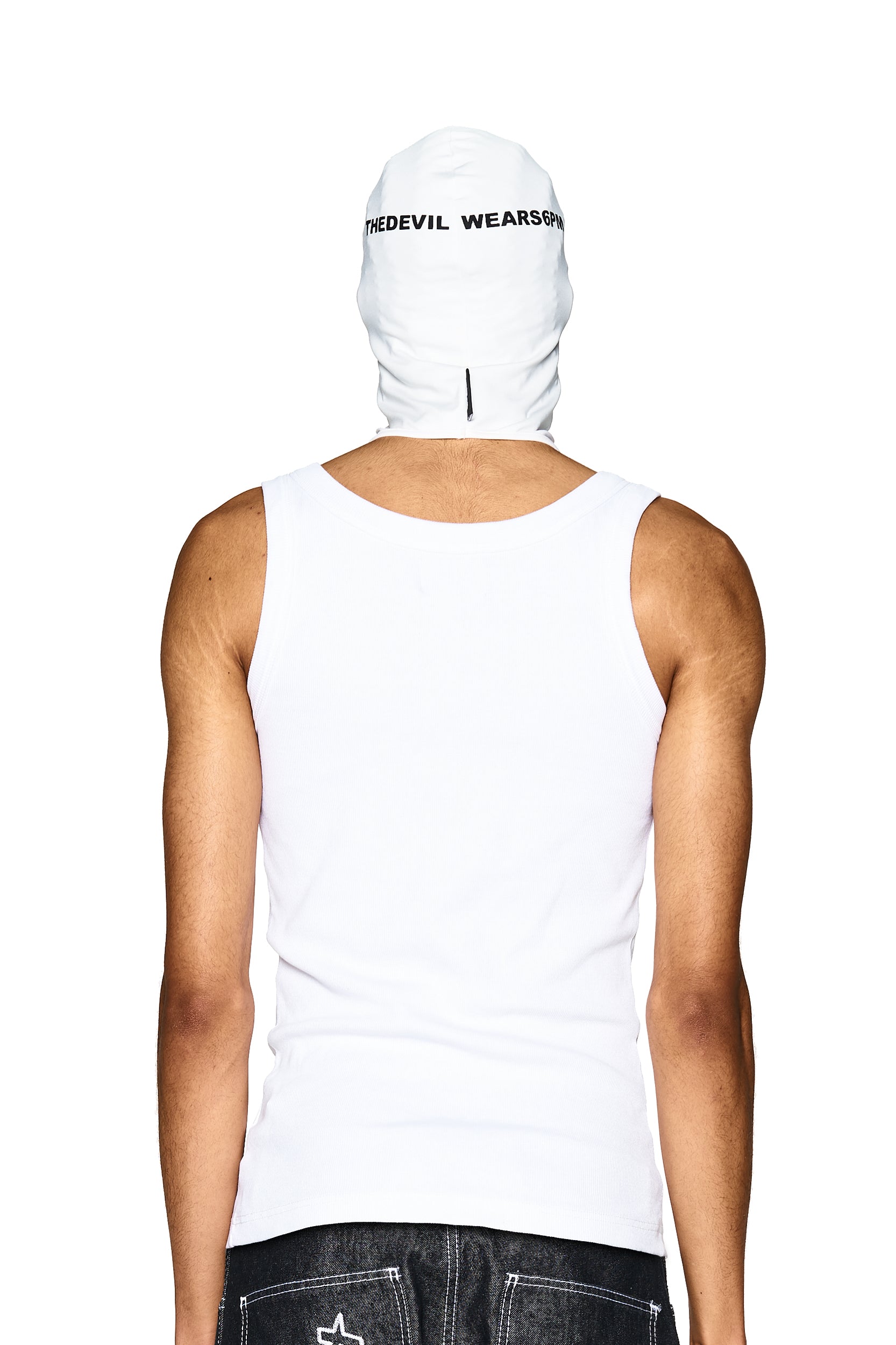 A person is shown from the back wearing a white tank top, black jeans, and the 6PM F&F SKI MASK DEMON BALACLAVA WHITE with "THE DEVIL WEARS PR" text. The background is plain white.