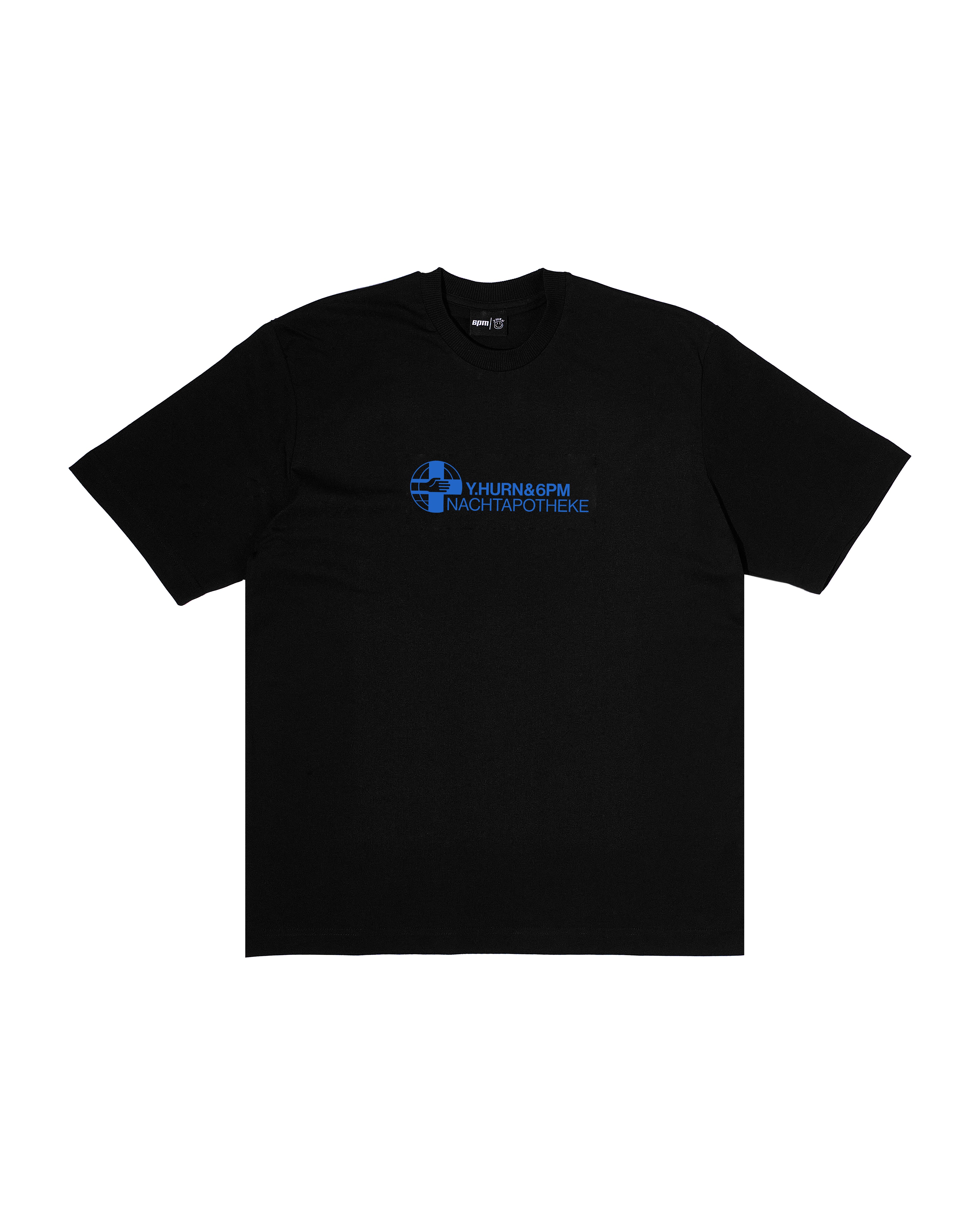 The 6PM NACHT AP T-SHIRT BLACK BLUE is a plain black tee with a small blue and white YHUNG & GPM NACHTAPOTHEKE graphic and a circular logo on the chest.