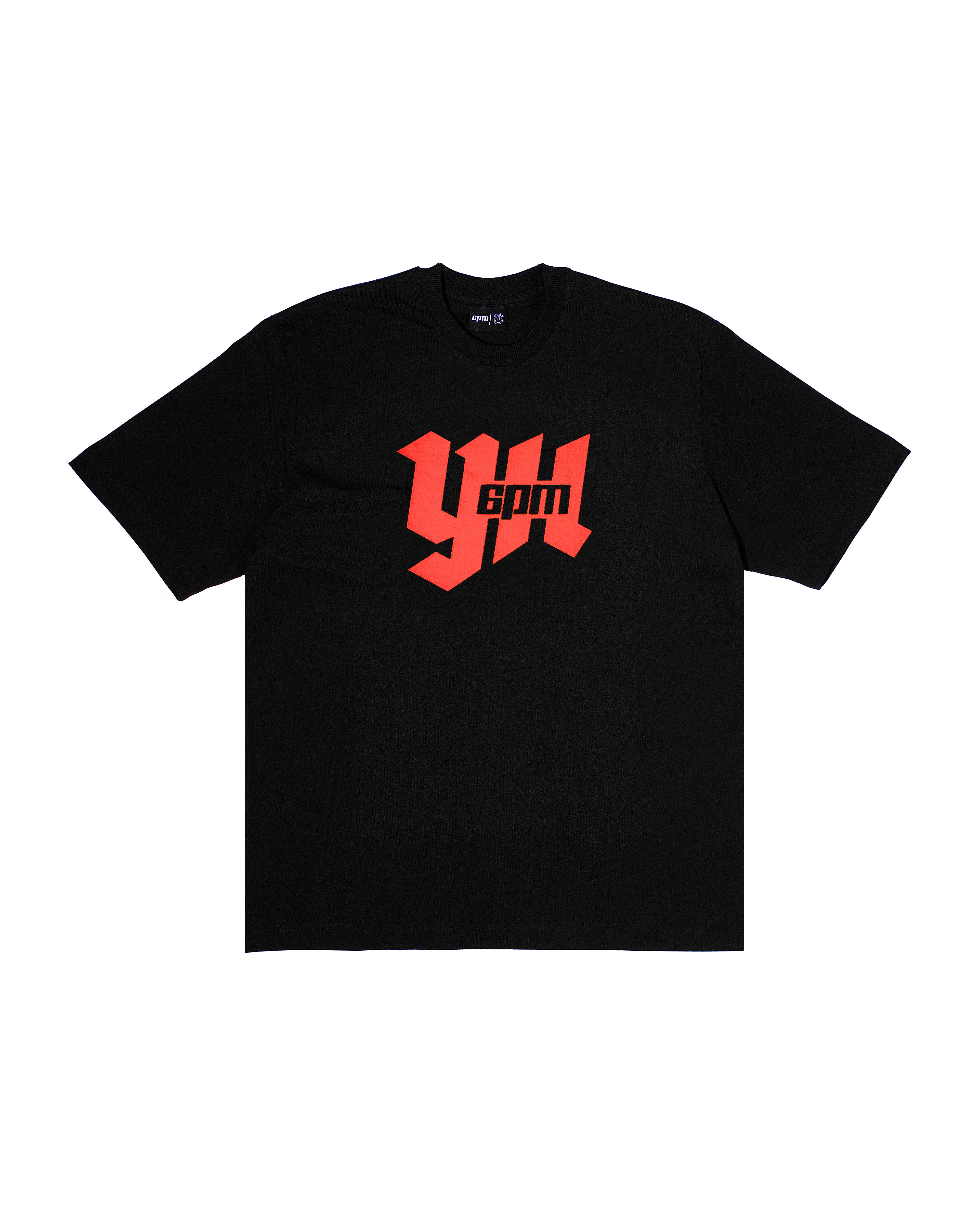 The 6PM YH 6PM T-SHIRT BLACK features bold red "YH 6PM" graphic text in a stylized font across the chest, displayed flat on a white background.