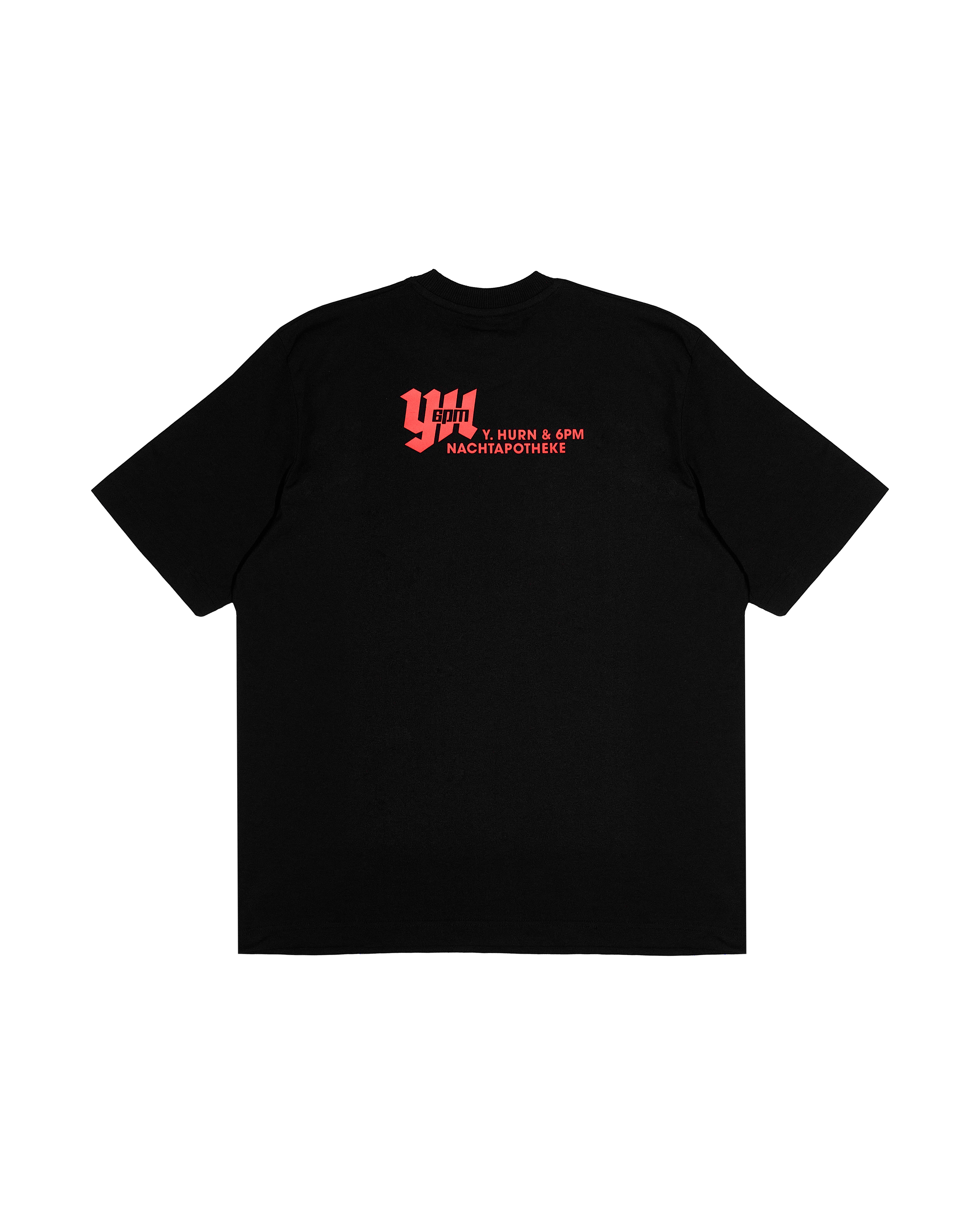 The YH 6PM T-SHIRT BLACK by 6PM features bold red text—YUMI, HURN & 6PM, and NACHTAPOTHEK—on the upper back in a modern font. Displayed laid flat on a white background.