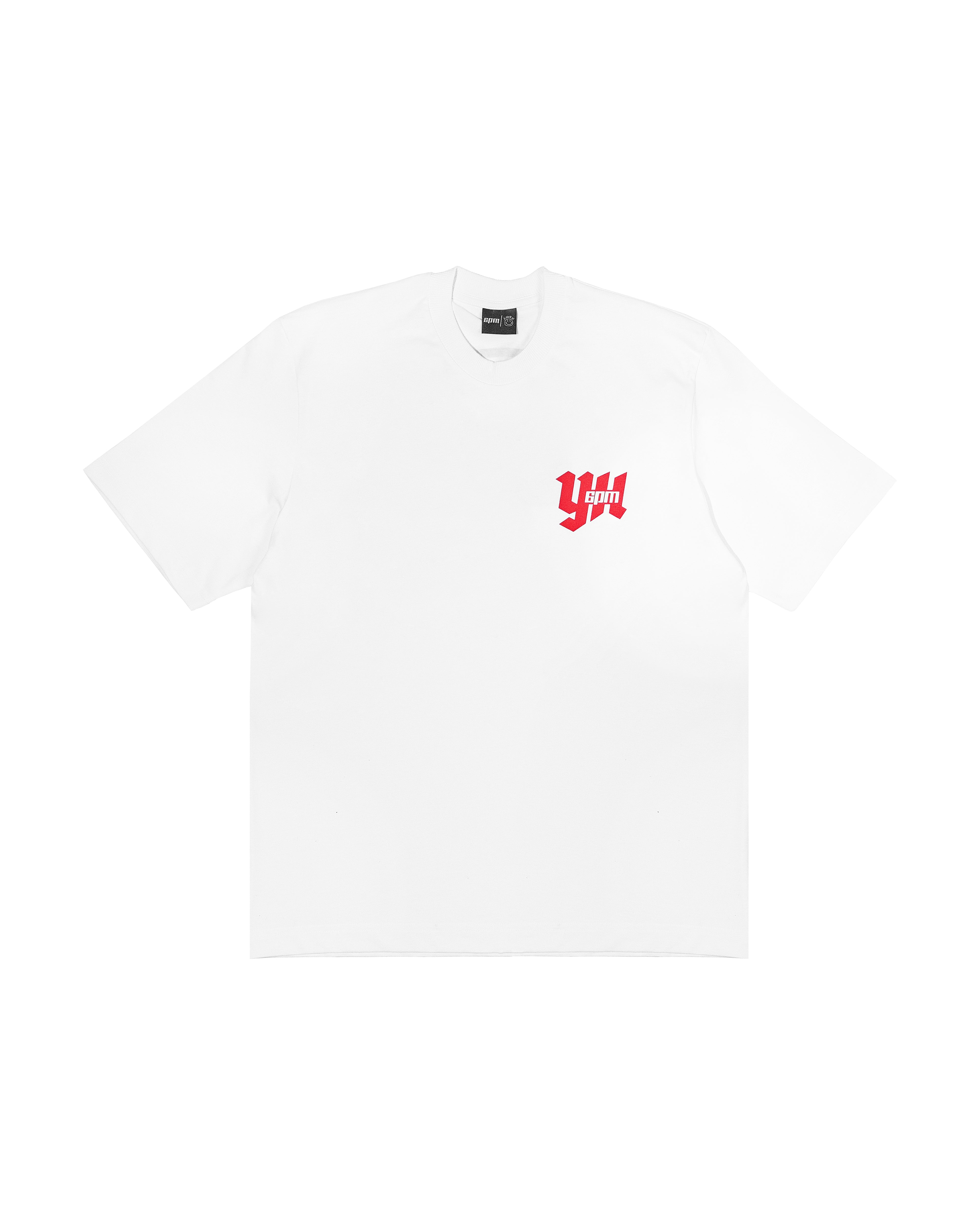 The 6PM YH 6PM T-SHIRT WHITE is a plain white T-shirt featuring a small red graphic logo with stylized YH letters on the upper left chest.