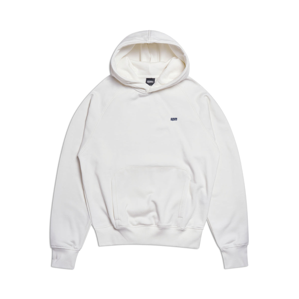 The 6PM HOODIE COCONUT WHITE features a plain white raglan design with long sleeves, a kangaroo pocket, and a small black logo on the left chest—perfect for everyday wear and shown on a white background.