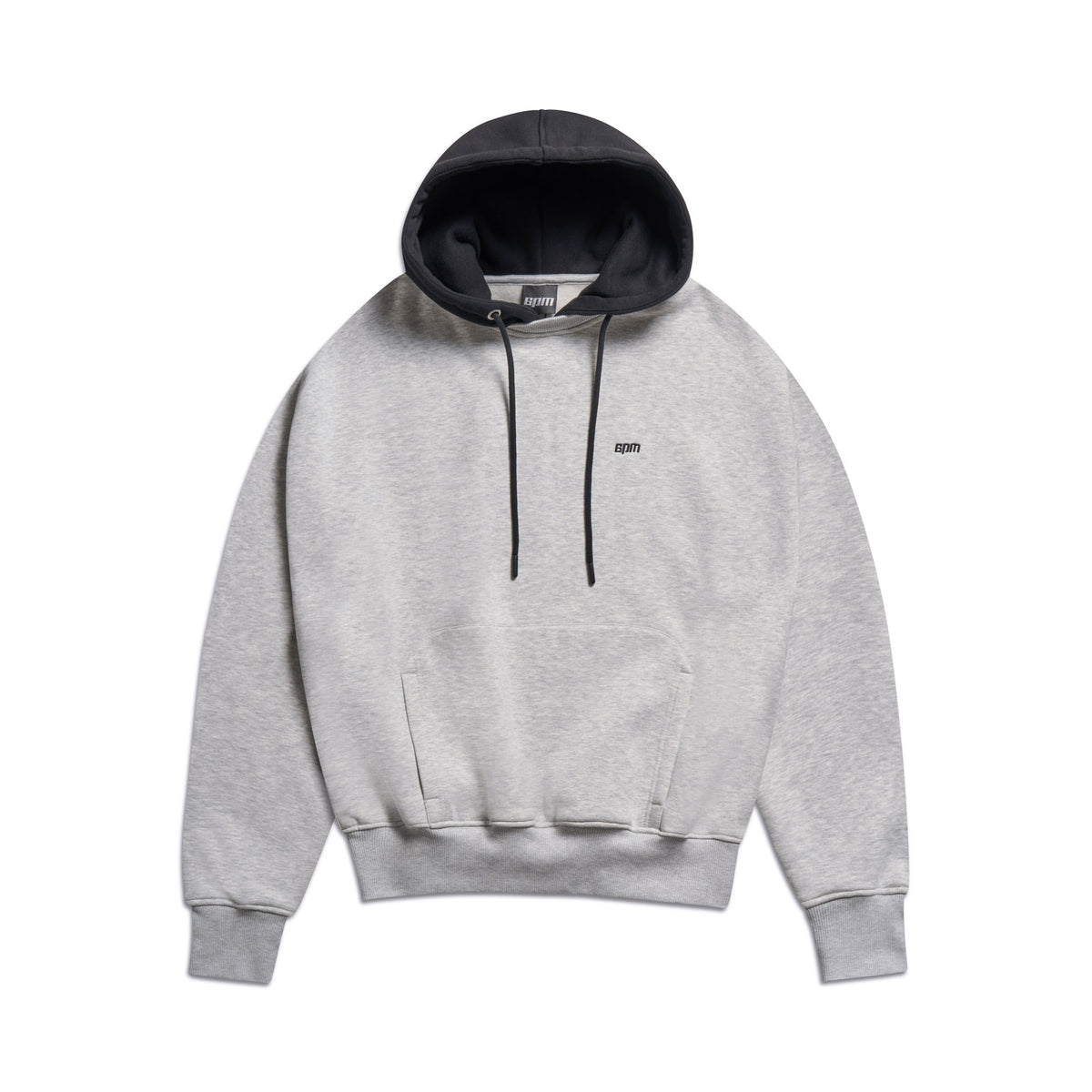 The 6PM CREWNECK HOODIE GREY/BLACK features a light gray color, black-lined hood, black drawstrings, front pocket, and small left chest logo, shown on a white background.