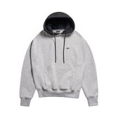 The 6PM CREWNECK HOODIE GREY/BLACK features a light gray color, black-lined hood, black drawstrings, front pocket, and small left chest logo, shown on a white background.