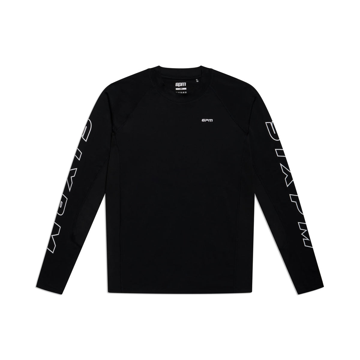 The 6PM SPORTS LONGSLEEVE BLACK features 6PM in white on both sleeves and a small white 6PM logo on the left chest, laid flat on a white background.