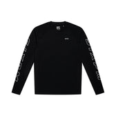 The 6PM SPORTS LONGSLEEVE BLACK features 6PM in white on both sleeves and a small white 6PM logo on the left chest, laid flat on a white background.