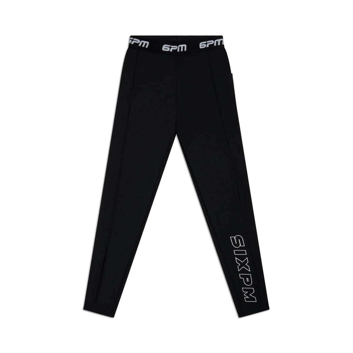 6PM SPORTS TIGHTS BLACK by 6PM feature a fitted logo waistband, “SIXPM” printed in white near the left ankle, and a sleek slim fit design.