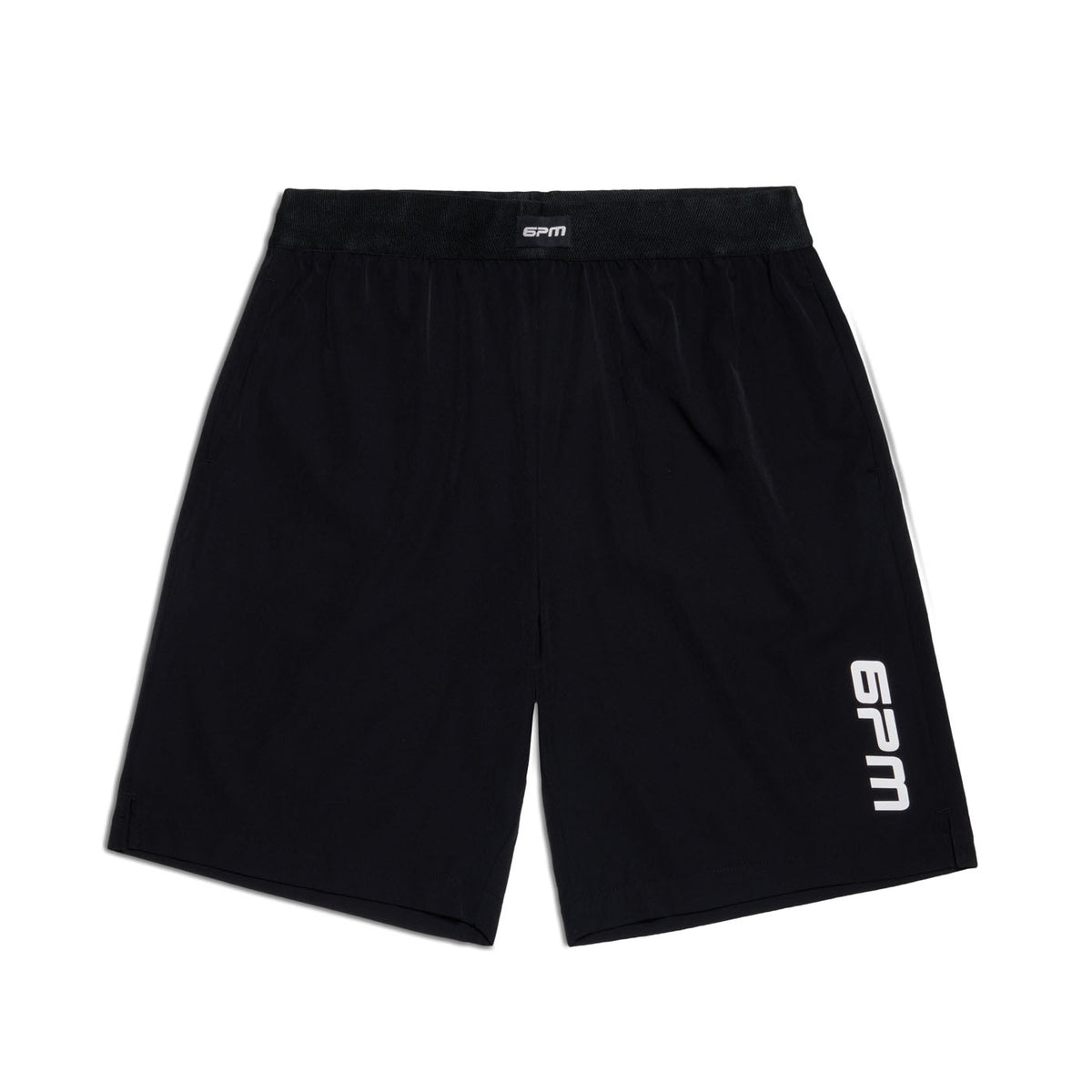 6PM SPORTS SHORTS BLACK by 6PM feature an elastic waistband and 6PM branding in white on the lower left leg and center waistband. The shorts are displayed flat on a white background.