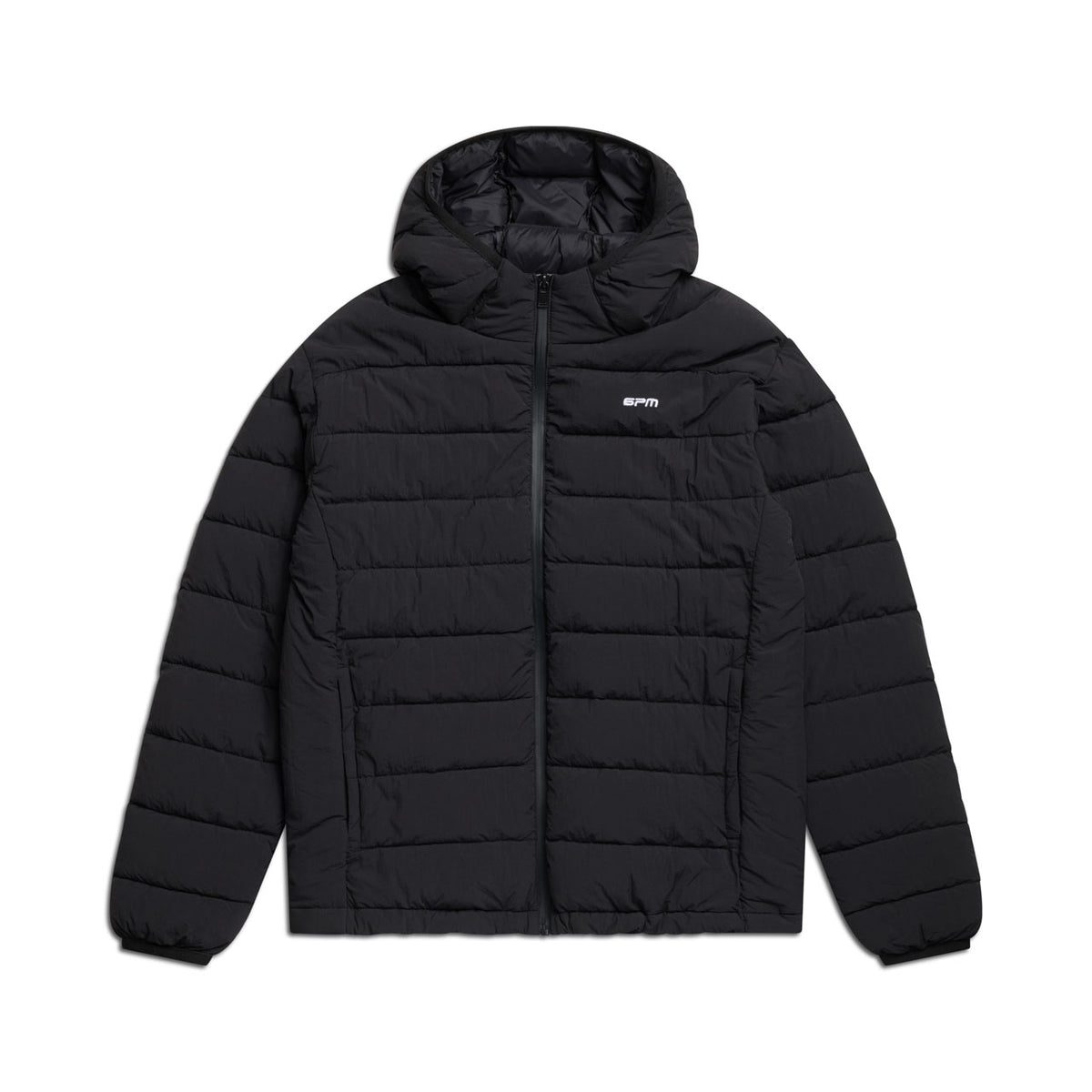 The 6PM LIGHT PUFFER JACKET BLACK is a hooded, puffer-style jacket with a front zipper and two side pockets, featuring a small white logo on the left chest. Shown laid flat on a white background.
