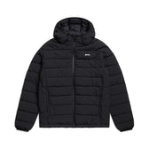 The 6PM LIGHT PUFFER JACKET BLACK is a hooded, puffer-style jacket with a front zipper and two side pockets, featuring a small white logo on the left chest. Shown laid flat on a white background.