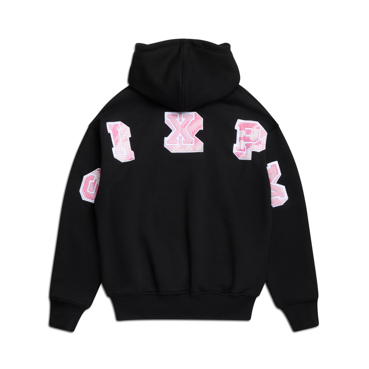 The 6PM DOT CAMO LETTER HOODIE BLACK features large pink and white varsity-style letters scattered on the back and sleeves. Displayed flat on a white background.