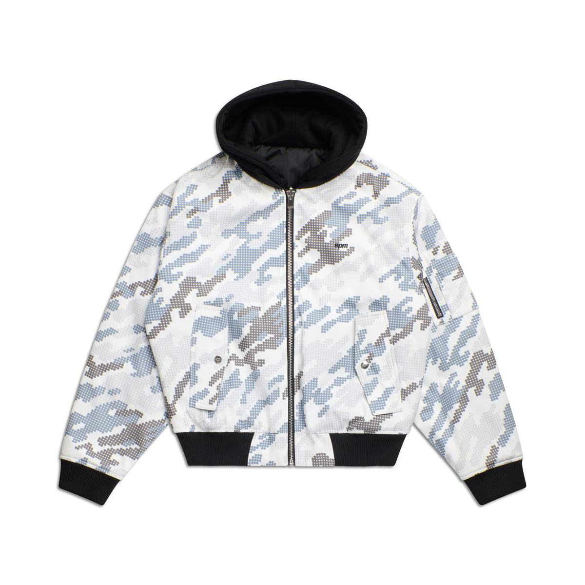 The 6PM DOT CAMO HOODED BOMBER JACKET features a front zipper, blue/grey/white pixelated camouflage pattern, and black ribbed cuffs, waistband, and hood lining.
