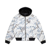 The 6PM DOT CAMO HOODED BOMBER JACKET features a front zipper, blue/grey/white pixelated camouflage pattern, and black ribbed cuffs, waistband, and hood lining.