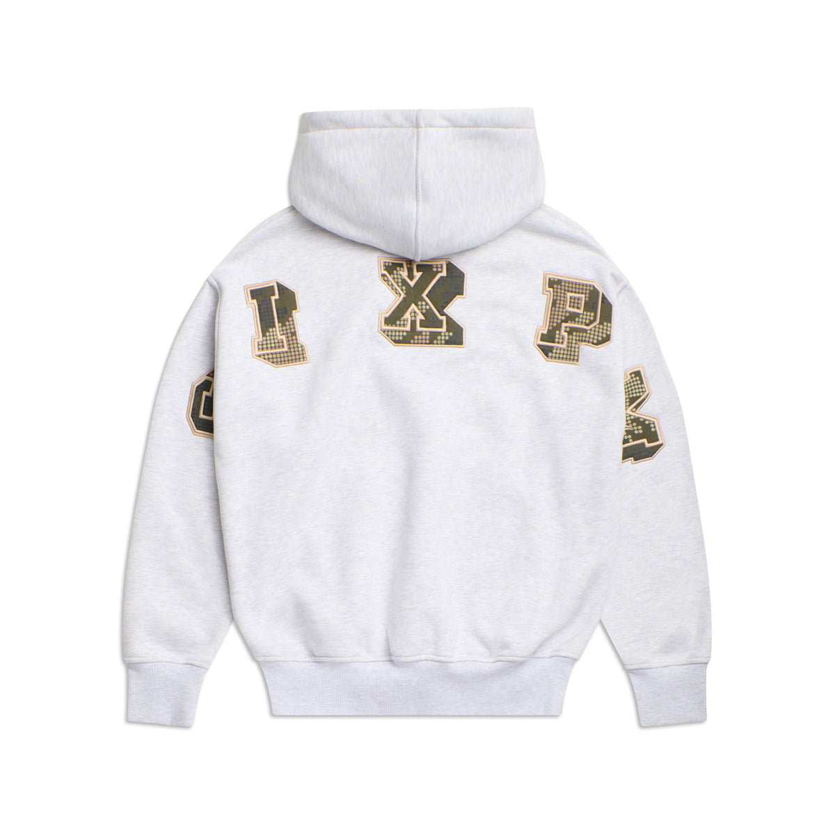 The 6PM DOT CAMO LETTER HOODIE GREY features a relaxed fit, ribbed cuffs and hem, and large black-and-gold patterned SXP4 block letters across the upper back and shoulders. Light gray color with a hooded design.