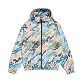 The 6PM DOT CAMO TRACK JACKET is a hooded jacket with a front zipper, elastic cuffs and hem, and a blue, green, beige, and black pixelated camouflage pattern.