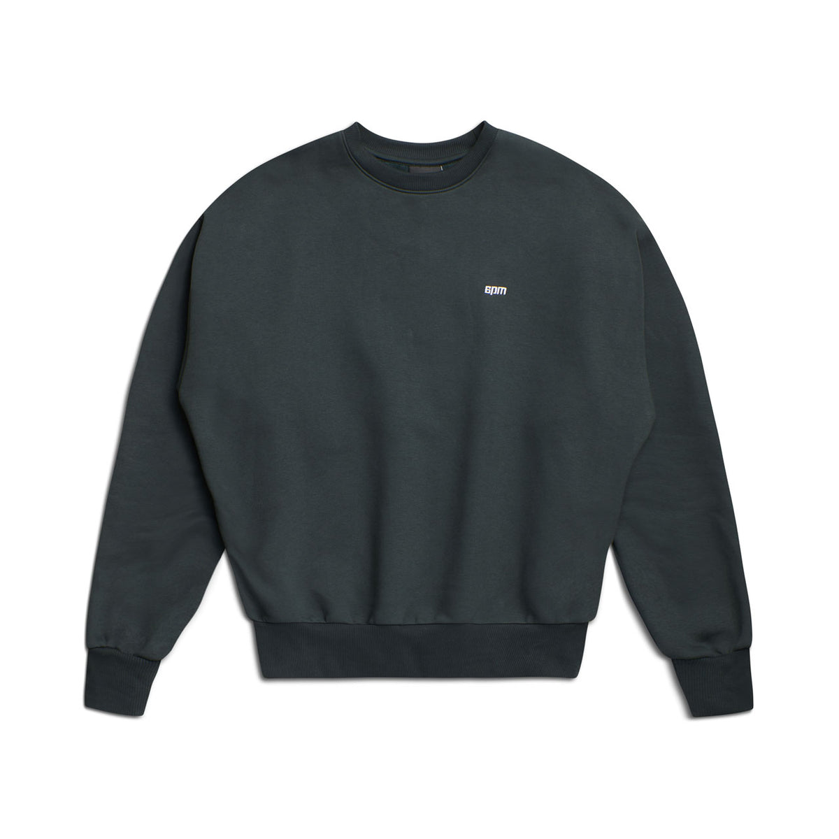 The 6PM CREWNECK DARK EMERALD is a plain dark green sweatshirt with long sleeves, ribbed cuffs and hem, and a small white ATM logo on the left chest.