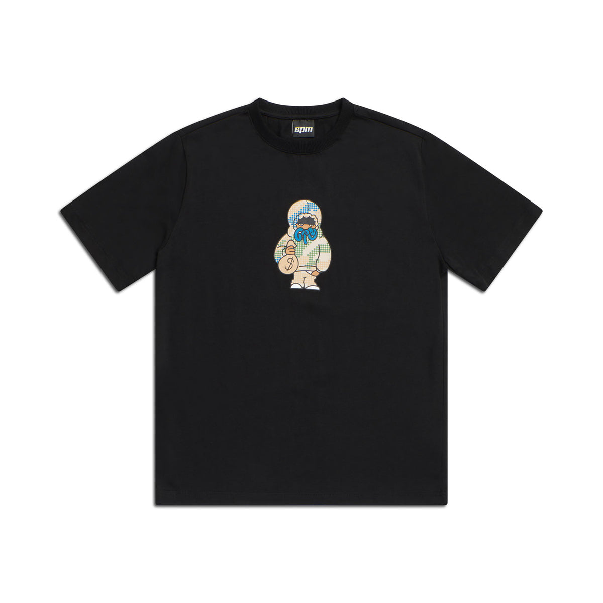 The 6PM MONEY GUY TEE BLACK features a small centered graphic of a cartoon character in a beige parka and blue mask, standing with a neutral expression on a plain white background.