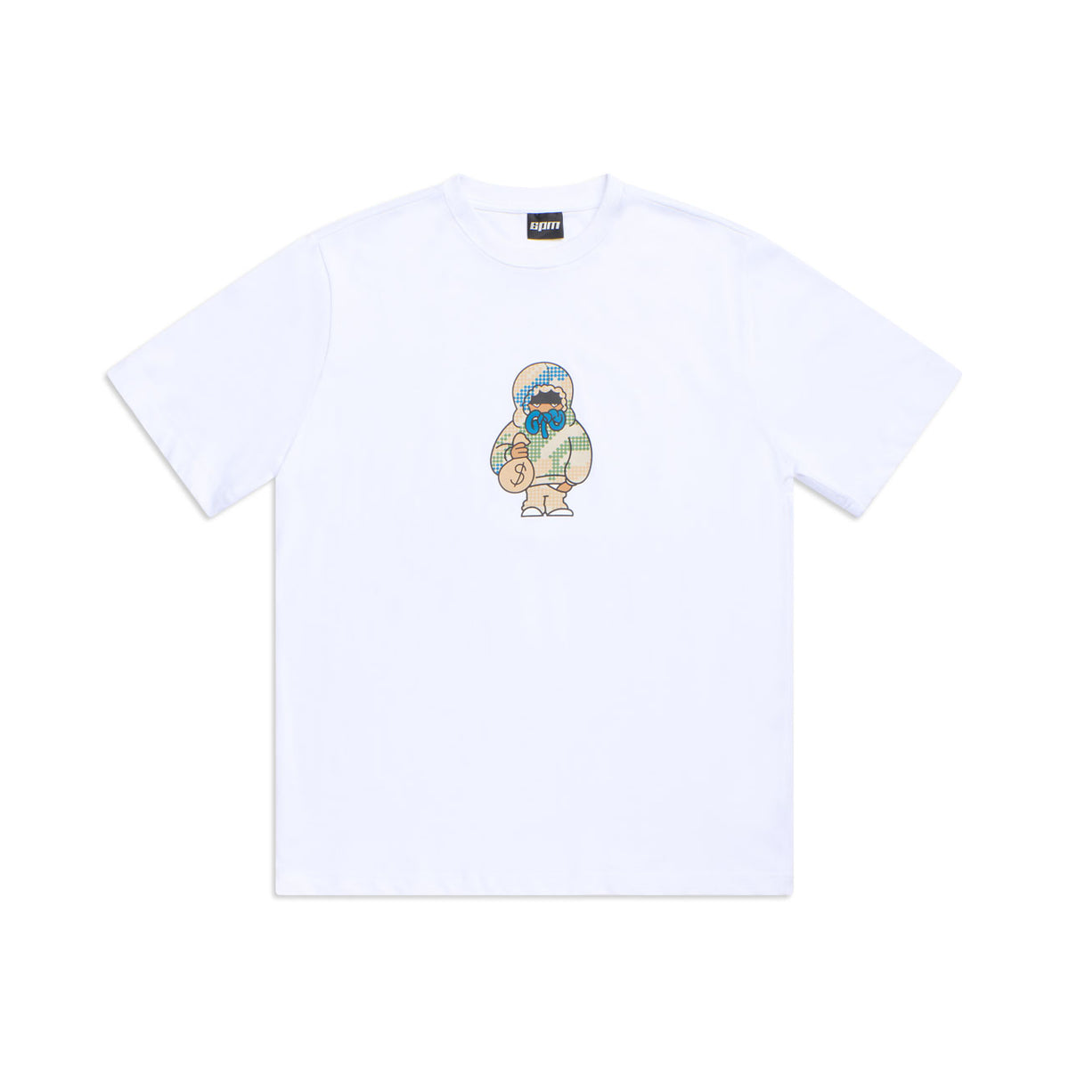 The 6PM MONEY GUY TEE WHITE features a small, colorful cartoon character in a blue hoodie and round glasses holding a teddy bear at the center chest, plus a black logo tag on the neckline.