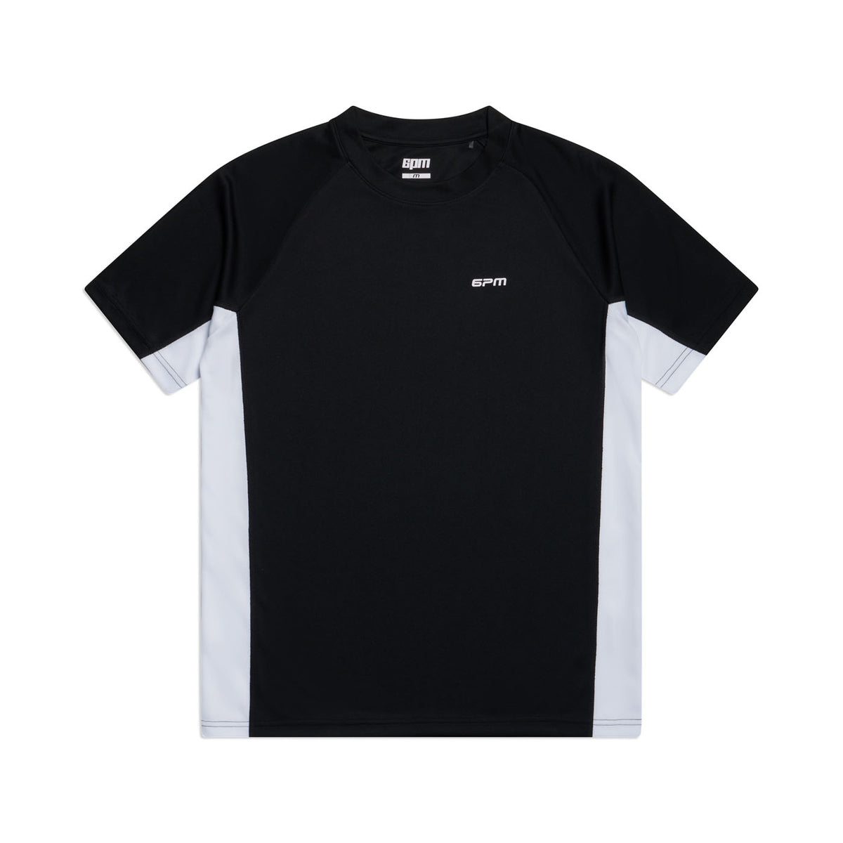 The 6PM SPORTS TRAINING SHIRT BLACK by 6PM is a short-sleeve athletic T-shirt with black front and back, gray side panels, black shoulders and sleeves, and a small white chest logo, shown laid flat on a white background.