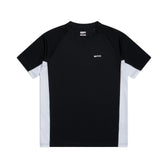 The 6PM SPORTS TRAINING SHIRT BLACK by 6PM is a short-sleeve athletic T-shirt with black front and back, gray side panels, black shoulders and sleeves, and a small white chest logo, shown laid flat on a white background.