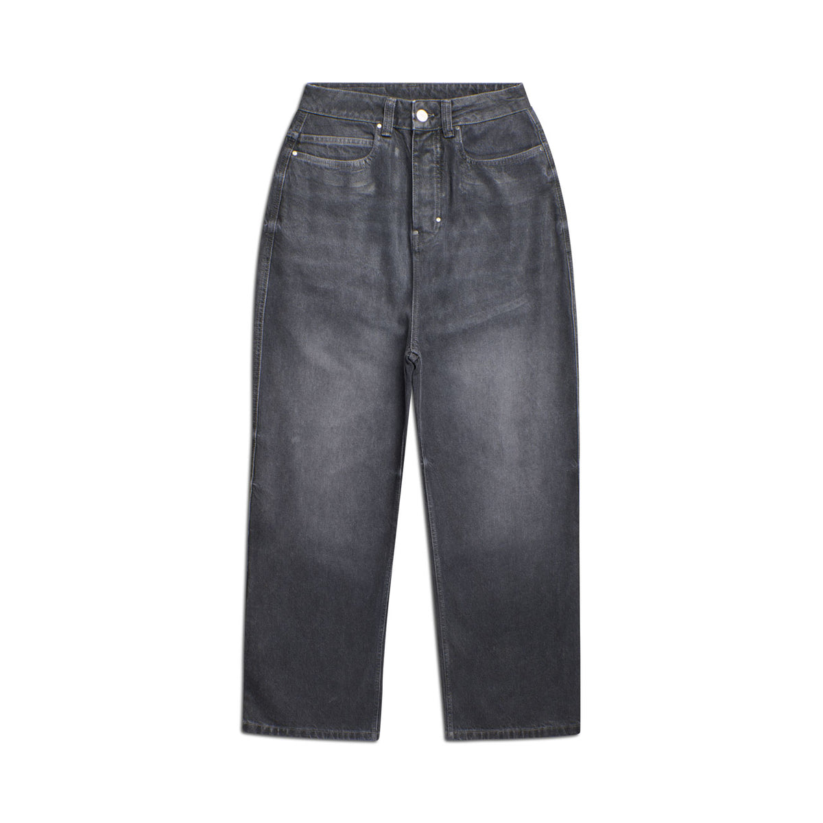 The 6PM WAX COATED DENIM GREY jeans feature a high waist, wide-leg silhouette, slight faded wash, front button and zipper closure, and five-pocket design, shown laid flat on a white background.