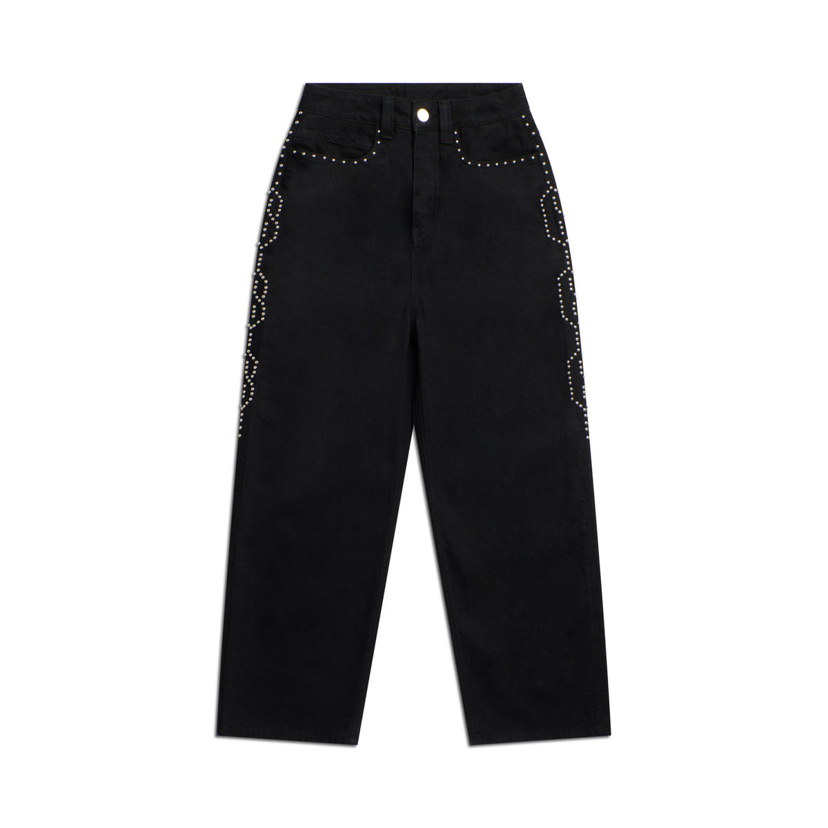 The STUDS DENIM BLACK jeans by 6PM feature a high-waisted wide-leg fit, silver studs on the pockets, and a wavy studded pattern along both outer seams. Finished with a button and zip closure.