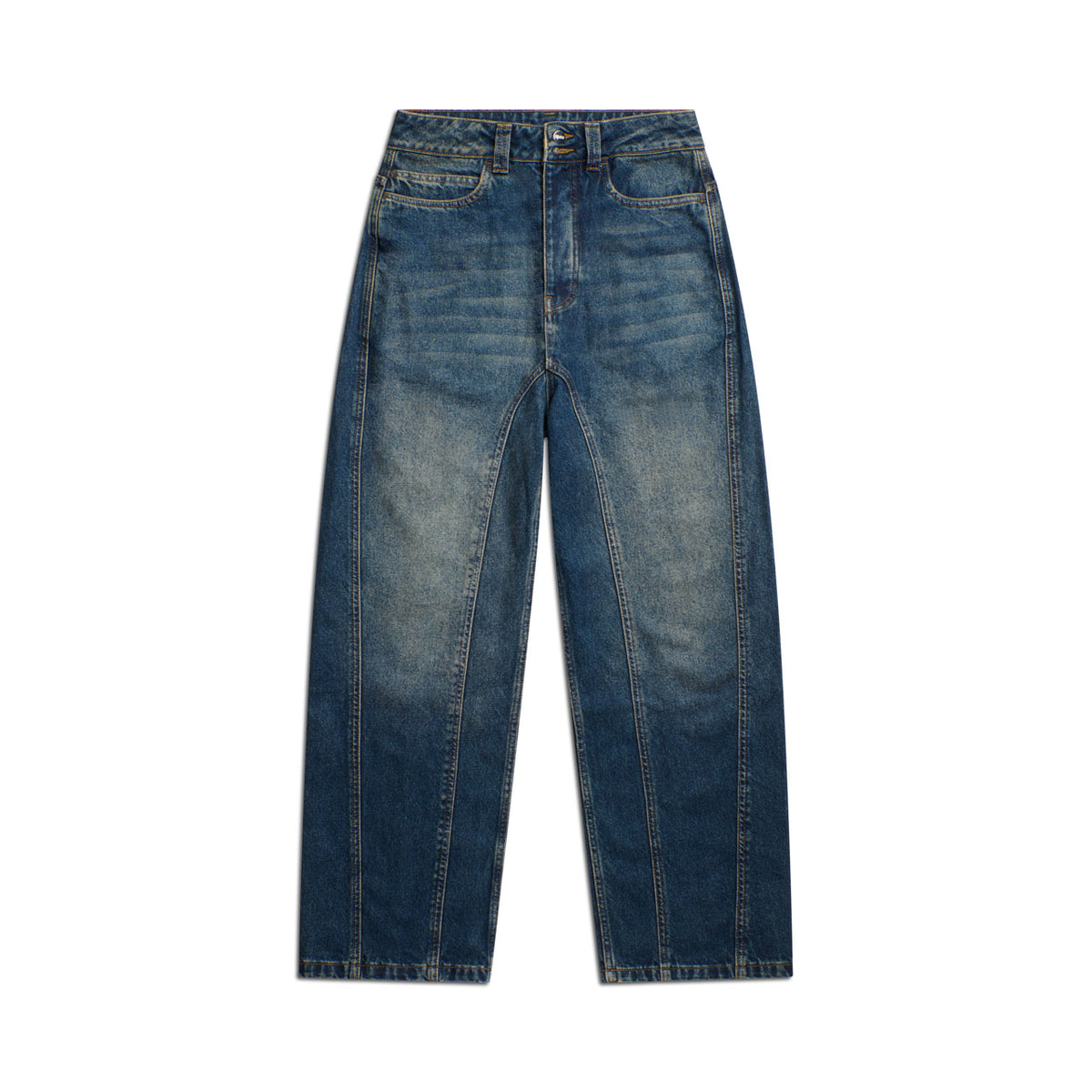 The 6PM XTRA WIDE DENIM DARK BLUE jeans feature a high waist, wide-leg cut, vertical front seams, and faded detailing. Shown laid flat on a white background.