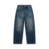 The 6PM XTRA WIDE DENIM DARK BLUE jeans feature a high waist, wide-leg cut, vertical front seams, and faded detailing. Shown laid flat on a white background.