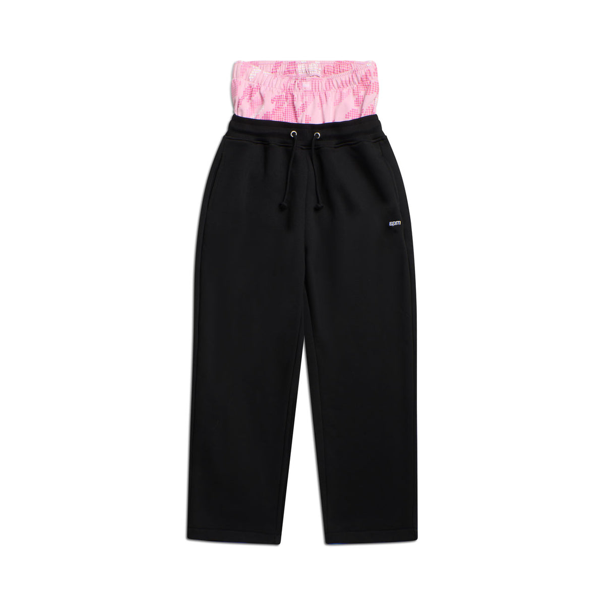 The 6PM BOXERS OPEN LEG JOGGER BLACK features a drawstring waist and a visible pink patterned elastic waistband, shown against a white background.