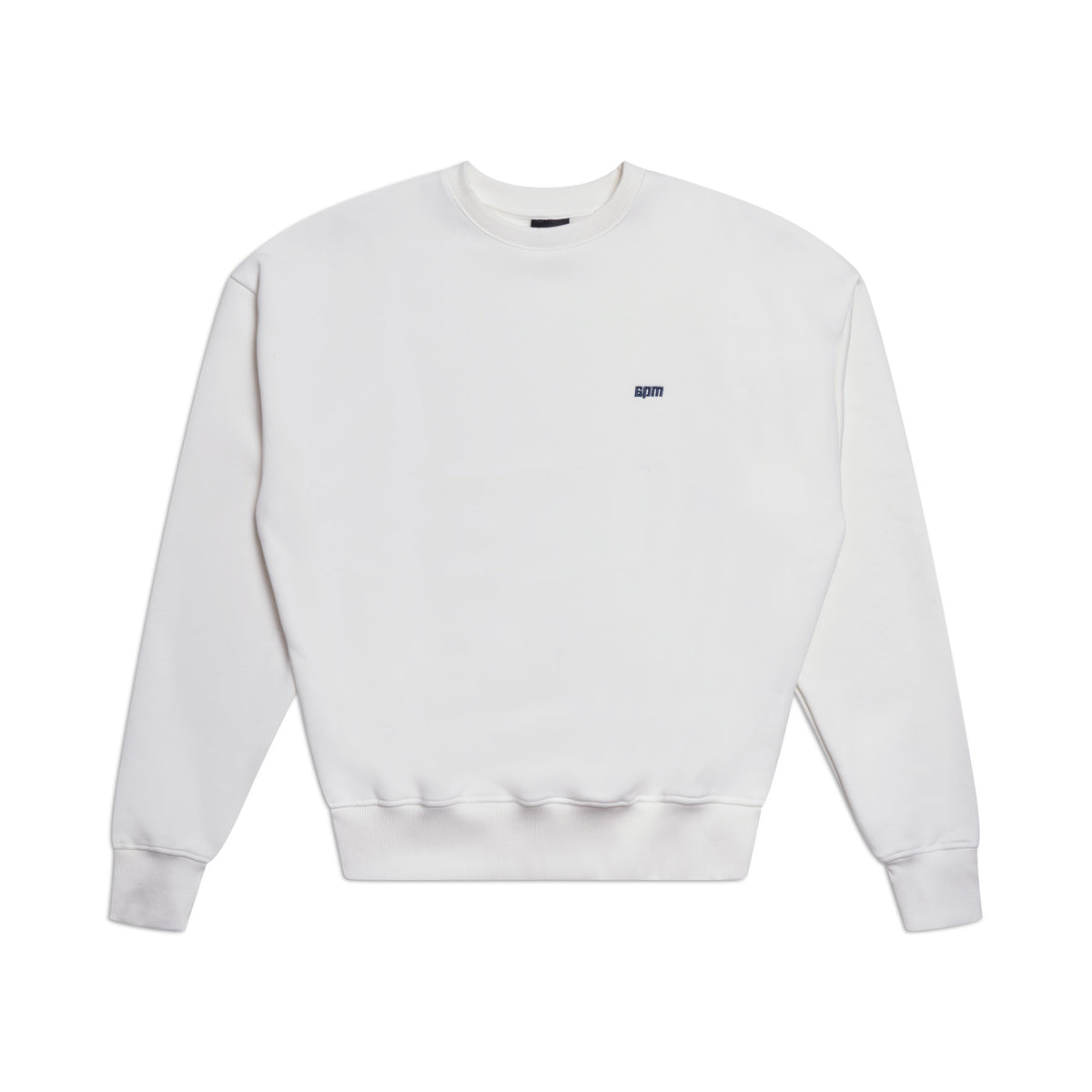The 6PM CREWNECK COCONUT WHITE is a plain white sweatshirt with long sleeves, ribbed trims, and a small black logo on the left chest, displayed flat on a white background.