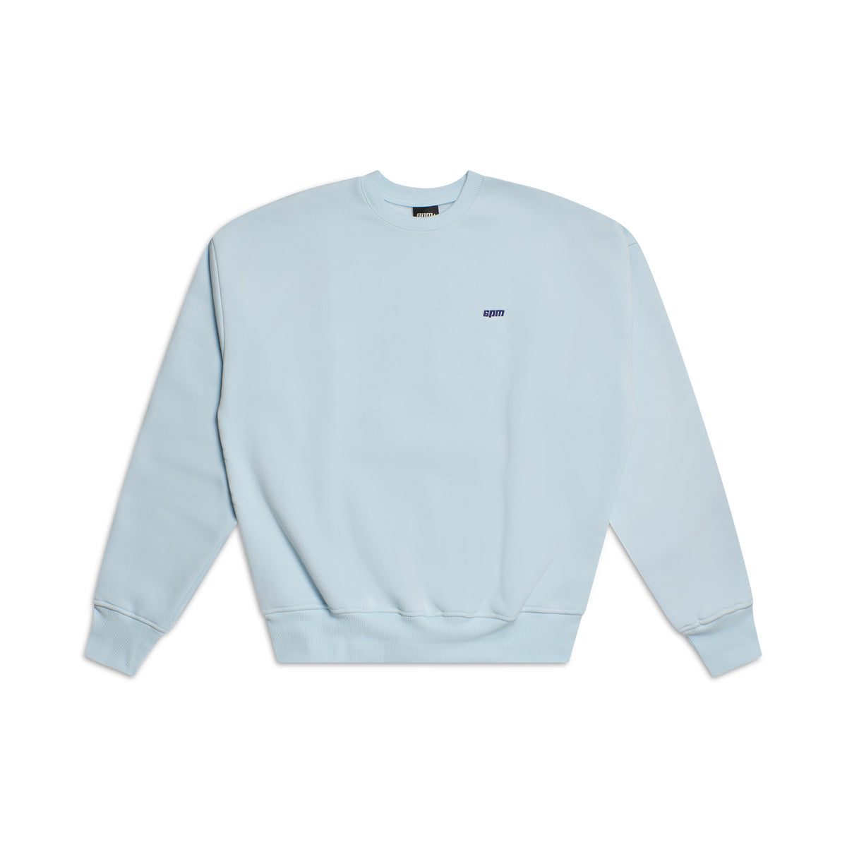 The 6PM CREWNECK ICE BLUE sweatshirt features ribbed trims, long sleeves, and a small dark blue logo on the left chest, shown on a white background.