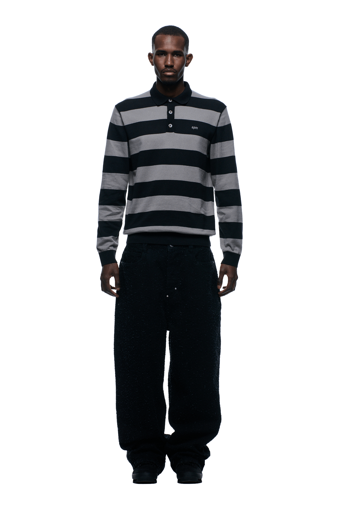 LS STRIPED POLO BLACK