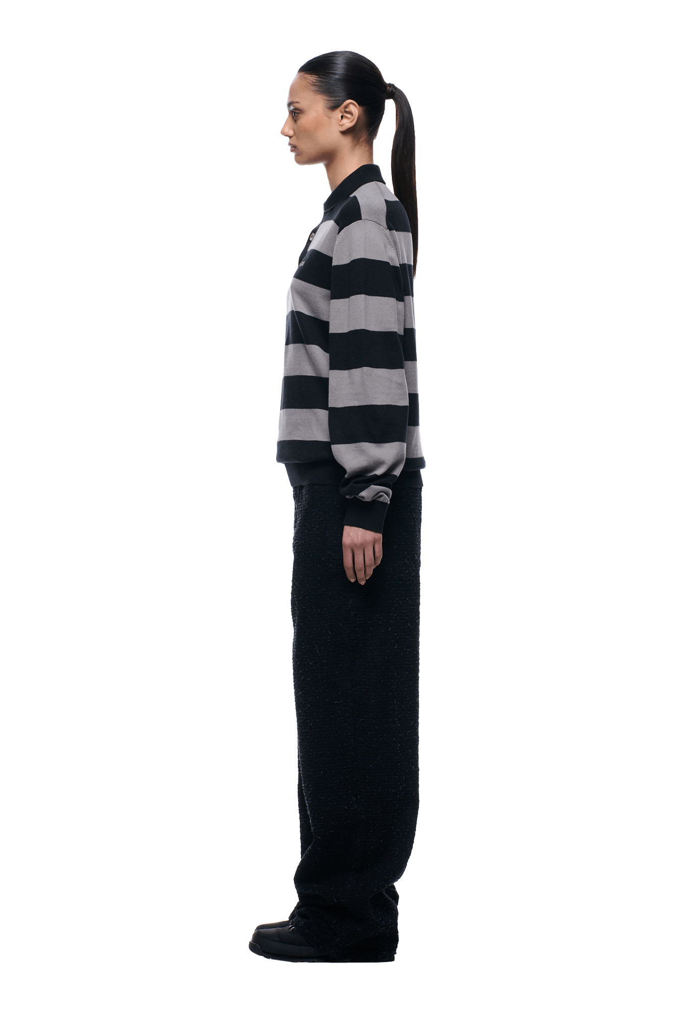 LS STRIPED POLO BLACK