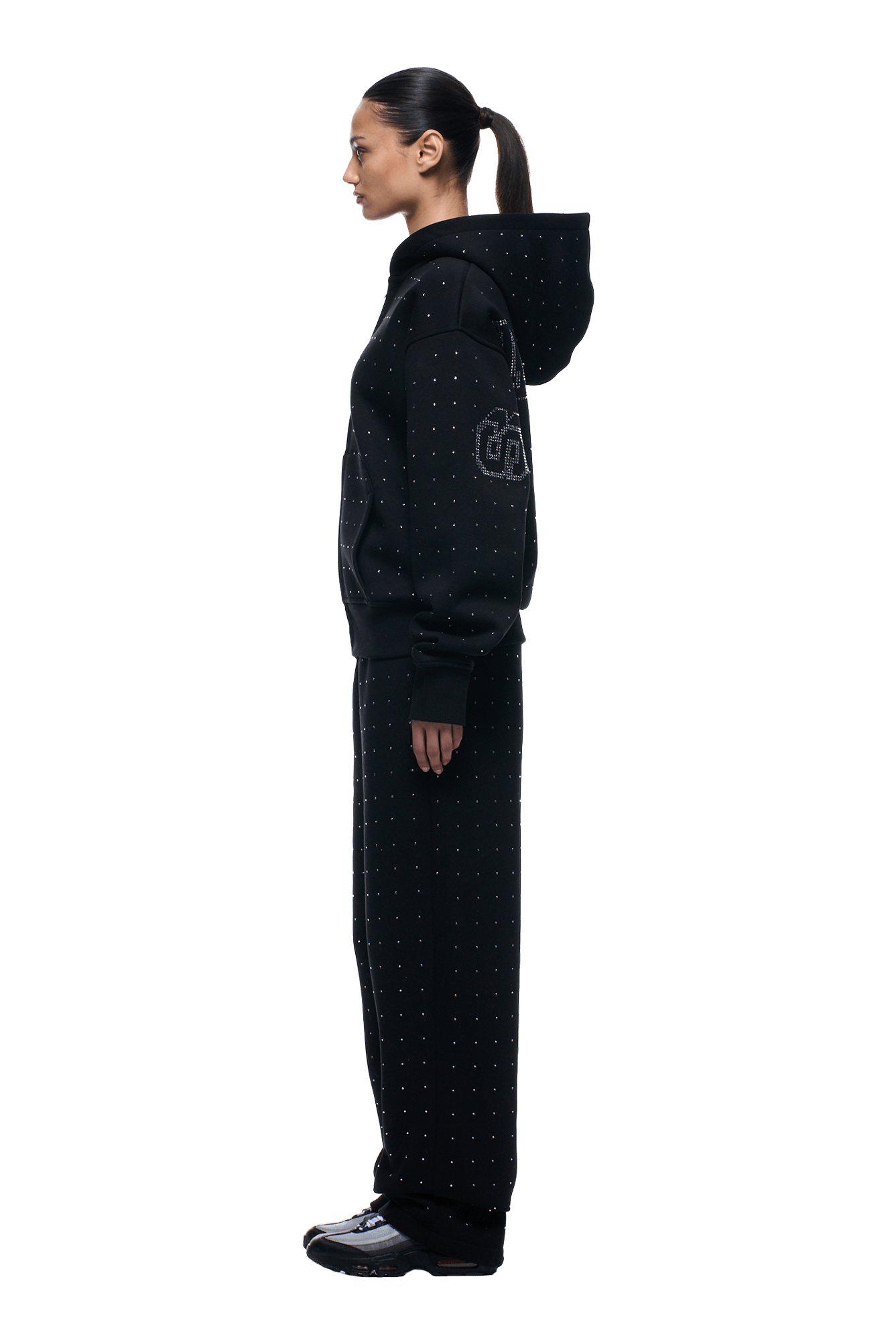 RHINESTONE LETTER ZIP HOODIE BLACK