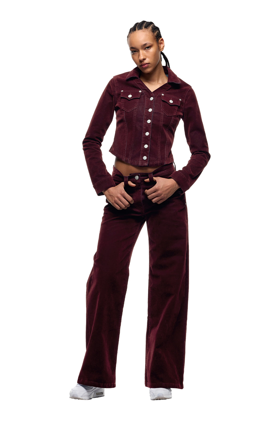 WMNS VELVET DENIM JACKET BORDEAUX RED