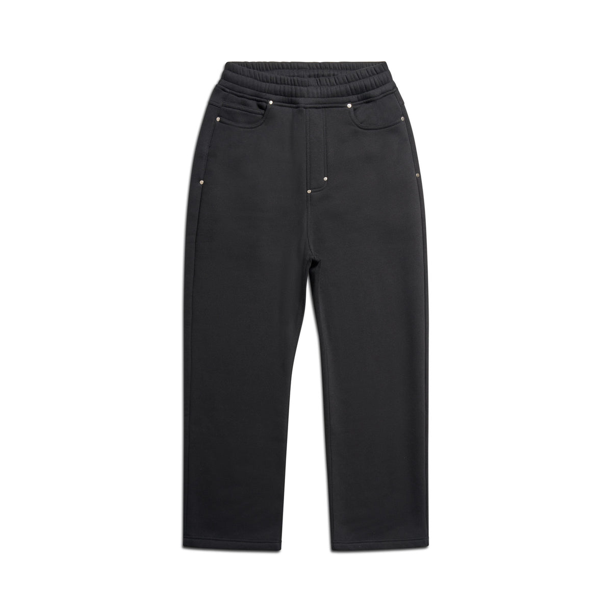 The 6PM X-TRA WIDE 5-POCKET JOGGER BLACK features a high-waisted, straight-leg fit with an elastic waistband, five pockets, and metal rivet details. Displayed laid flat on a white background.