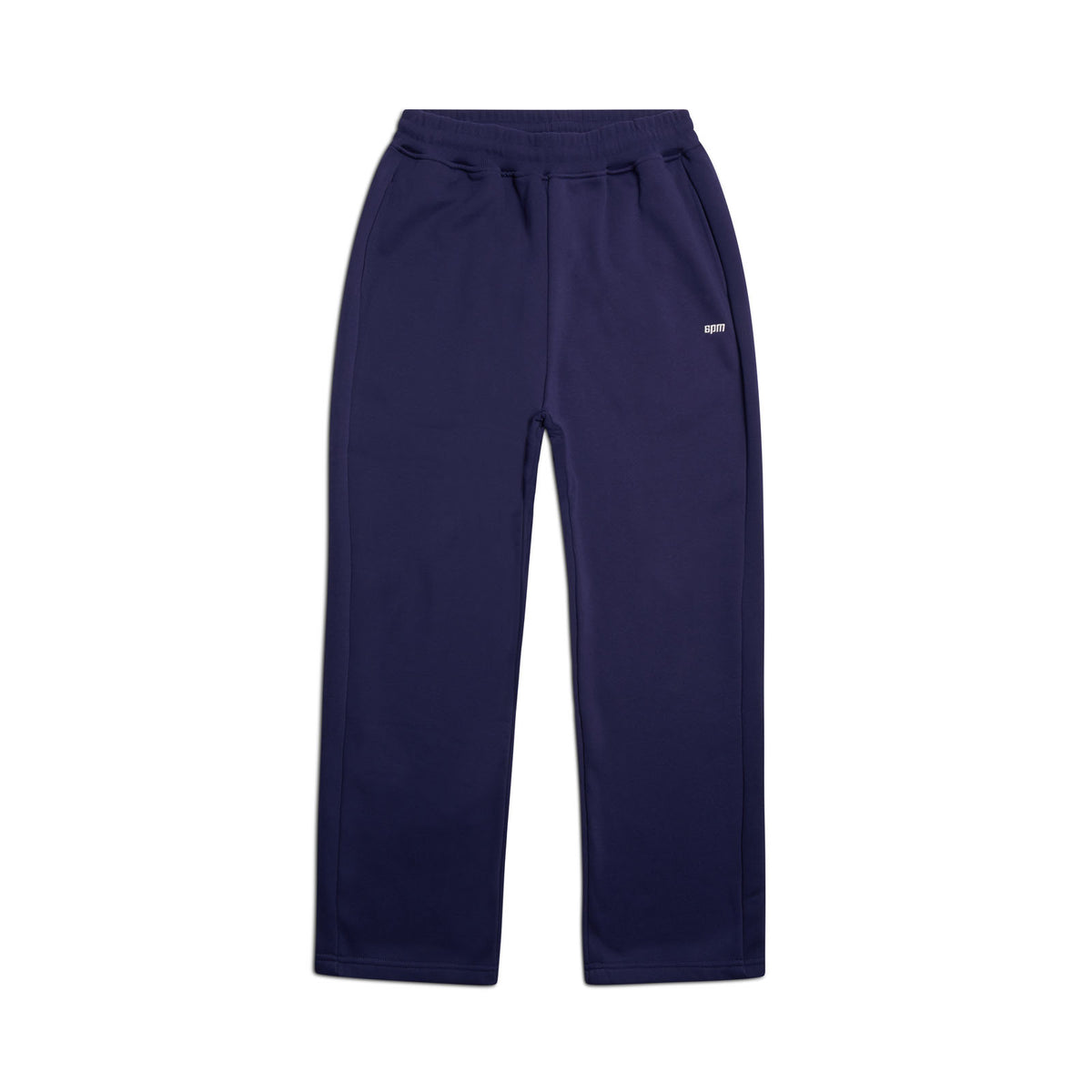 The 6PM OPEN LEG JOGGER ORBIT BLUE features a straight cut, stacking length for a modern classic look, an elastic waistband, side pockets, and a small white logo on the upper left thigh, shown on a white background.