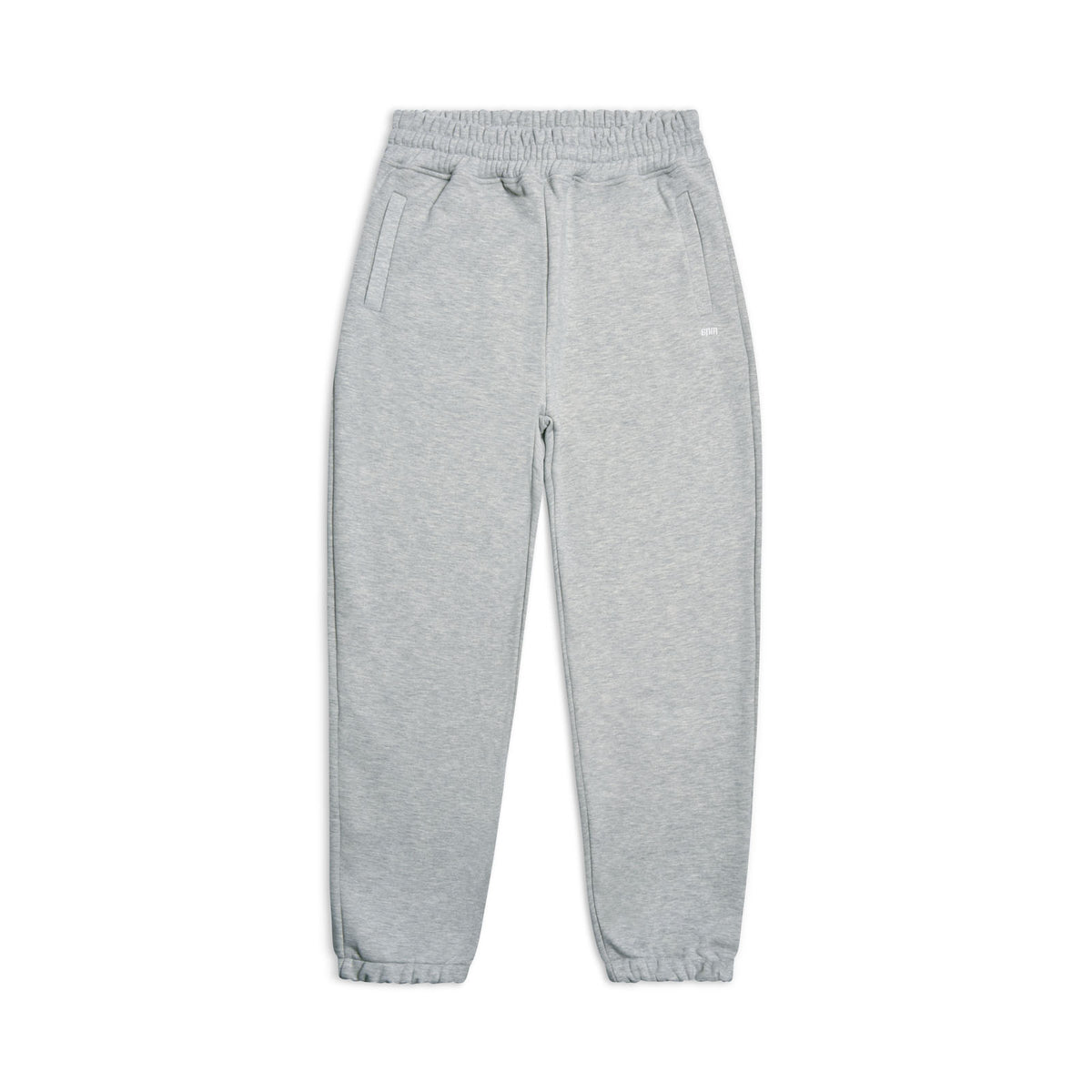The 6PM CUFF JOGGER GREY MELANGE features an elastic waistband with drawstring, cuffed ankles, side pockets, and a classic fit, shown laid flat on a white background.