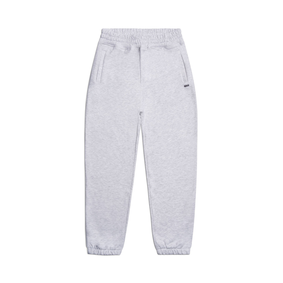 The 6PM CUFF JOGGER LIGHT GREY features an elastic waistband with drawstring, two side pockets, and cuffed ankle openings, shown laid flat on a white background.