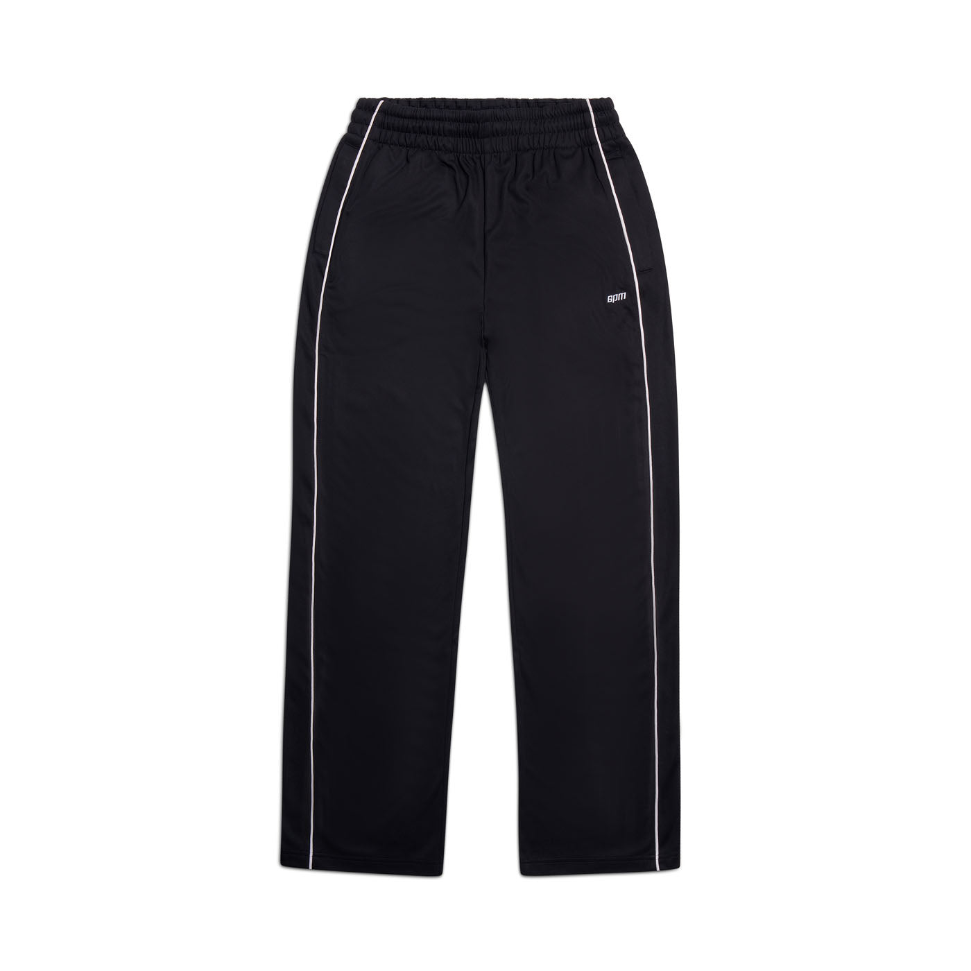 The 6PM 6PM+ Trainer Pants Black feature white piping along the side seams, an elastic waistband, and zipped pockets for a great fit, shown laid flat on a white background.