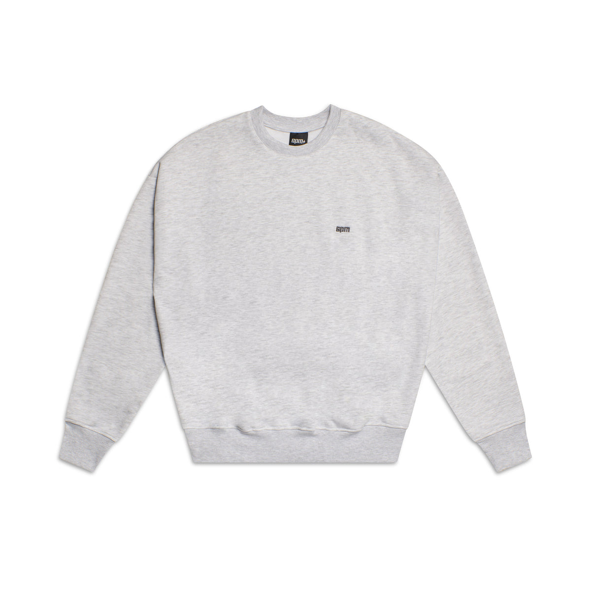 The 6PM CREWNECK LIGHT GREY is a long-sleeve sweatshirt with ribbed trims and a small black logo on the left chest, shown laid flat on a white background.