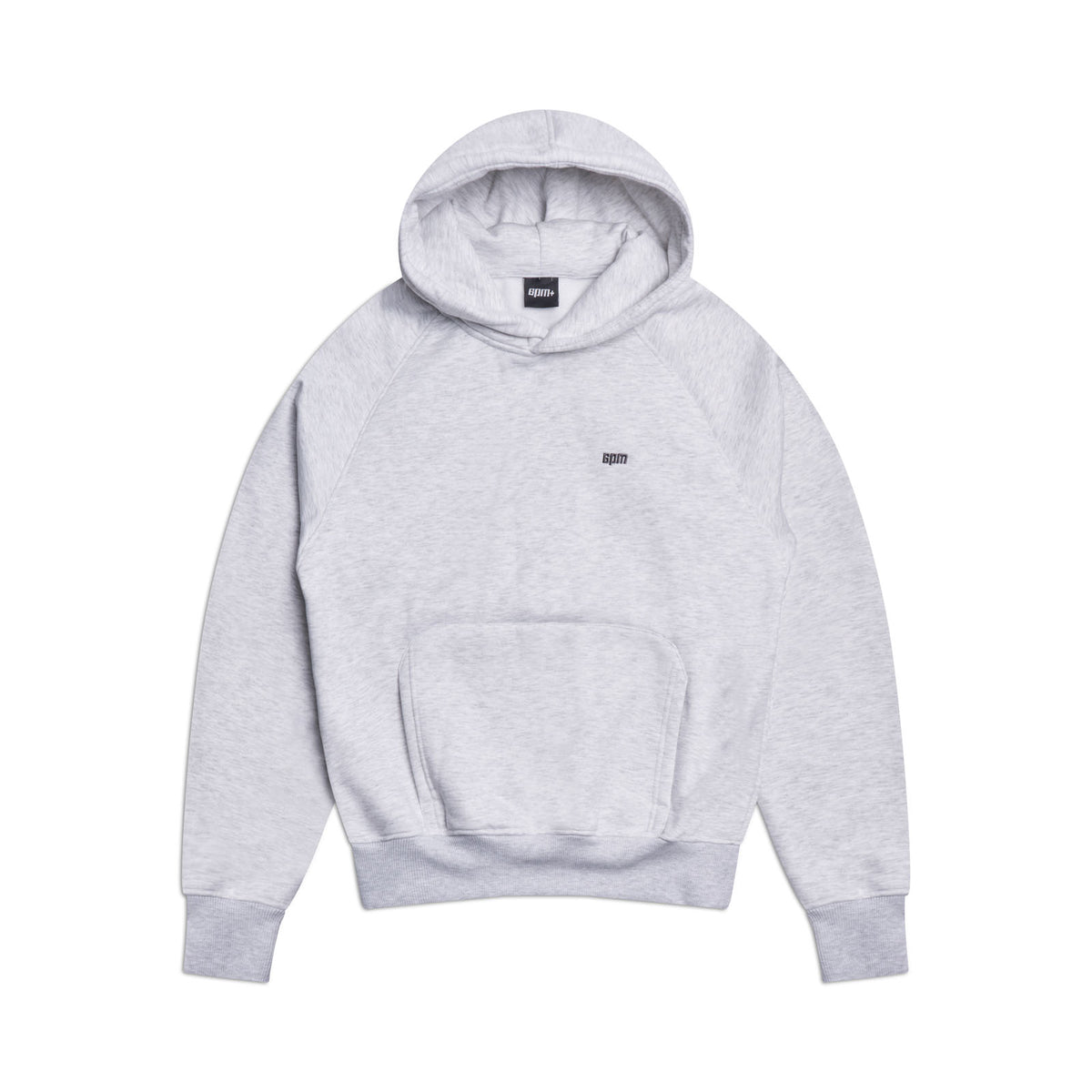 The 6PM HOODIE LIGHT GREY features raglan long sleeves, a front kangaroo pocket, ribbed cuffs and hem, and a small black embroidered logo on the left chest. Perfect for everyday wear. Shown laid flat on a white background.