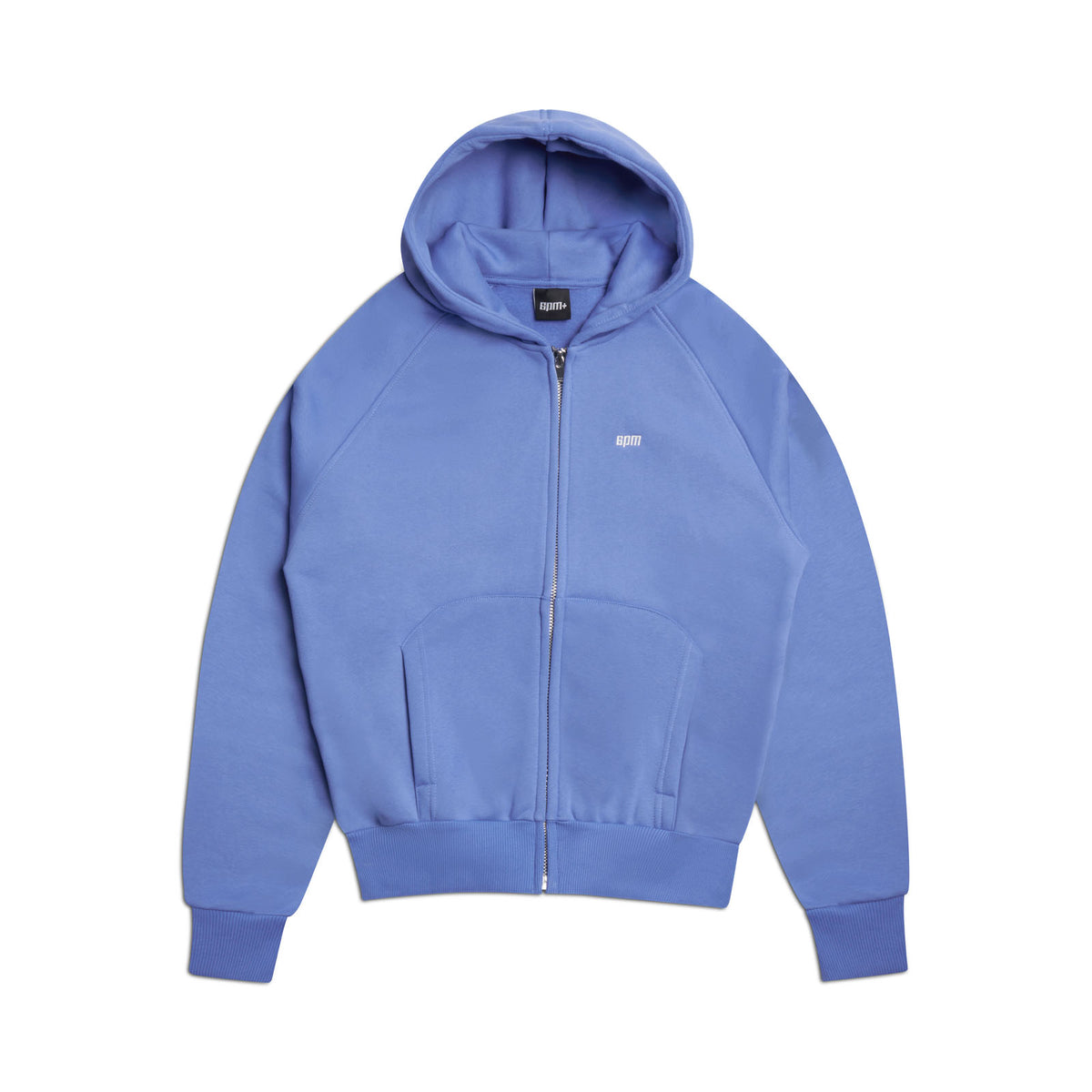The 6PM ZIP HOODIE PERSIAN BLUE is a structured zip-up hoodie in lavender blue with front pocket, ribbed cuffs and hem, hood, and small white chest logo—ideal for everyday wear and shown on a white background.