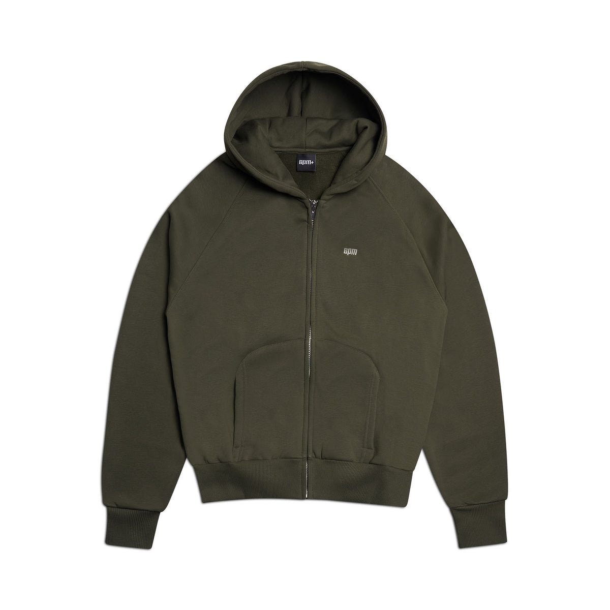 The 6PM ZIP HOODIE FOREST NIGHT is an olive green zip-up hoodie with a hood, front pockets, and a small white chest logo, offering a clean finish ideal for everyday wear. Shown on a white background.