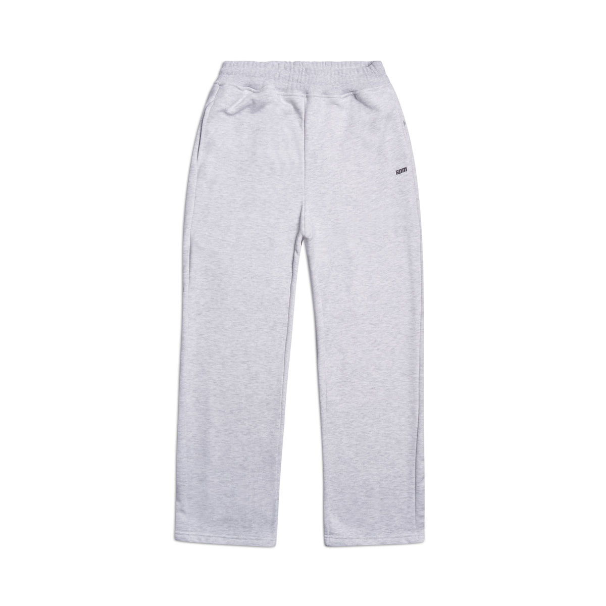 The OPEN LEG JOGGER LIGHT GREY features an elastic waistband, side pockets, and a relaxed fit, shown flat on a white background for a modern classic look.