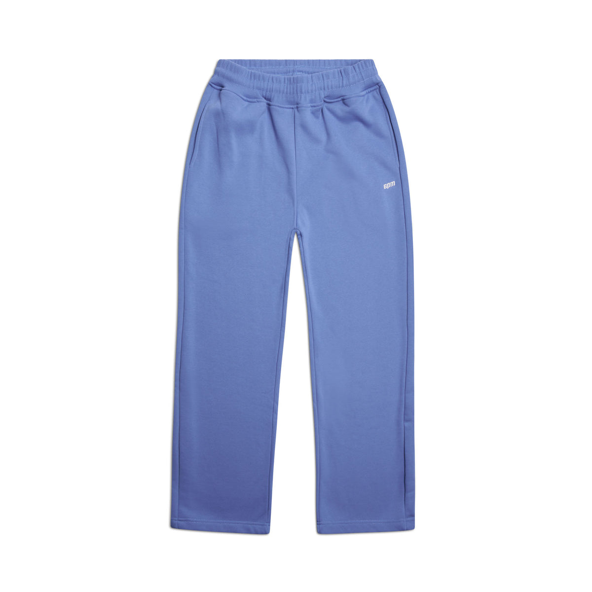 The 6PM OPEN LEG JOGGER PERSIAN BLUE features an elastic waistband, two side pockets, open leg design, and a small white logo on the left upper thigh, shown laid flat on a white background.