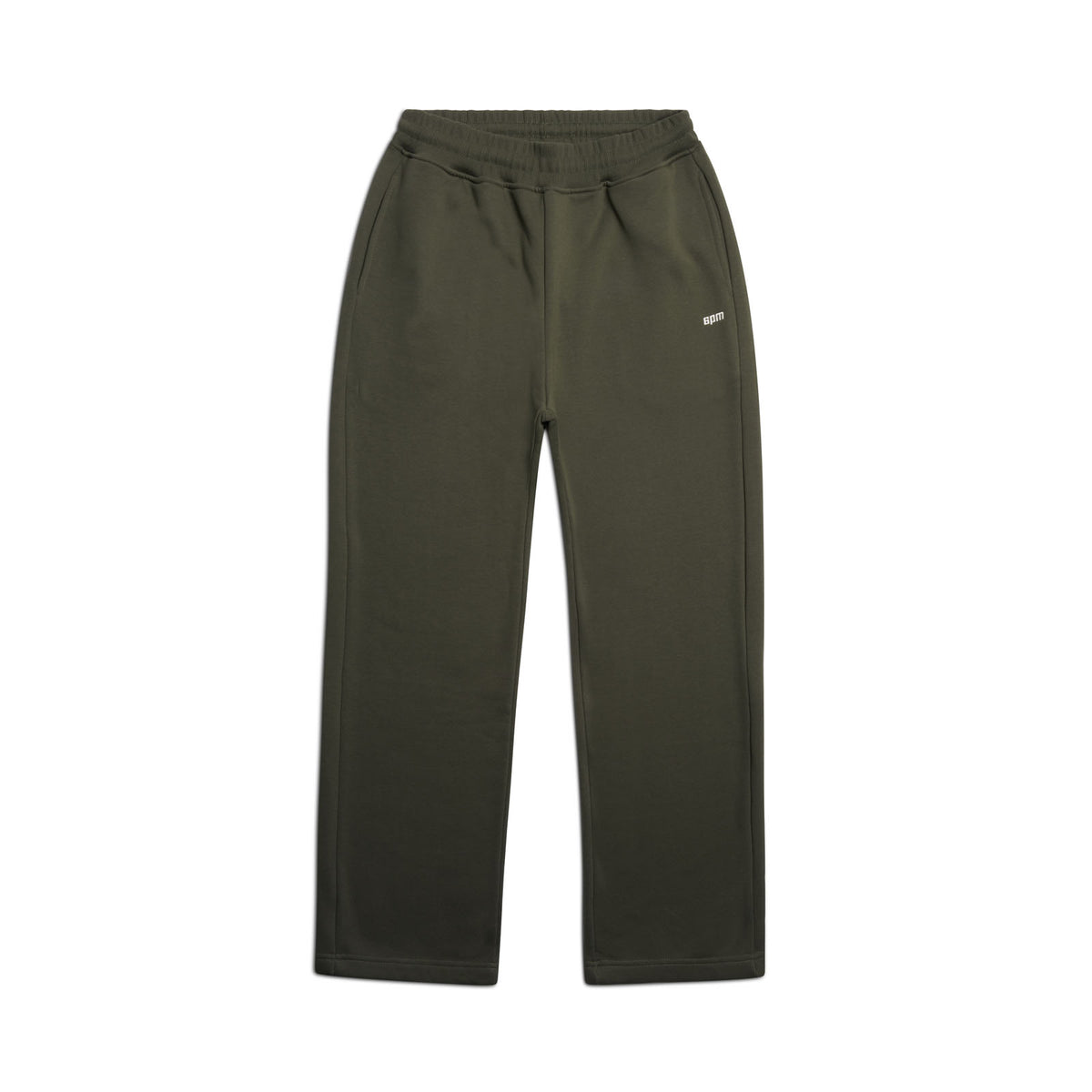 The 6PM OPEN LEG JOGGER FOREST NIGHT sweatpants feature a dark green color, stacking length, elastic waistband, side pockets, and a small white logo on the upper left thigh, shown on a plain white background.