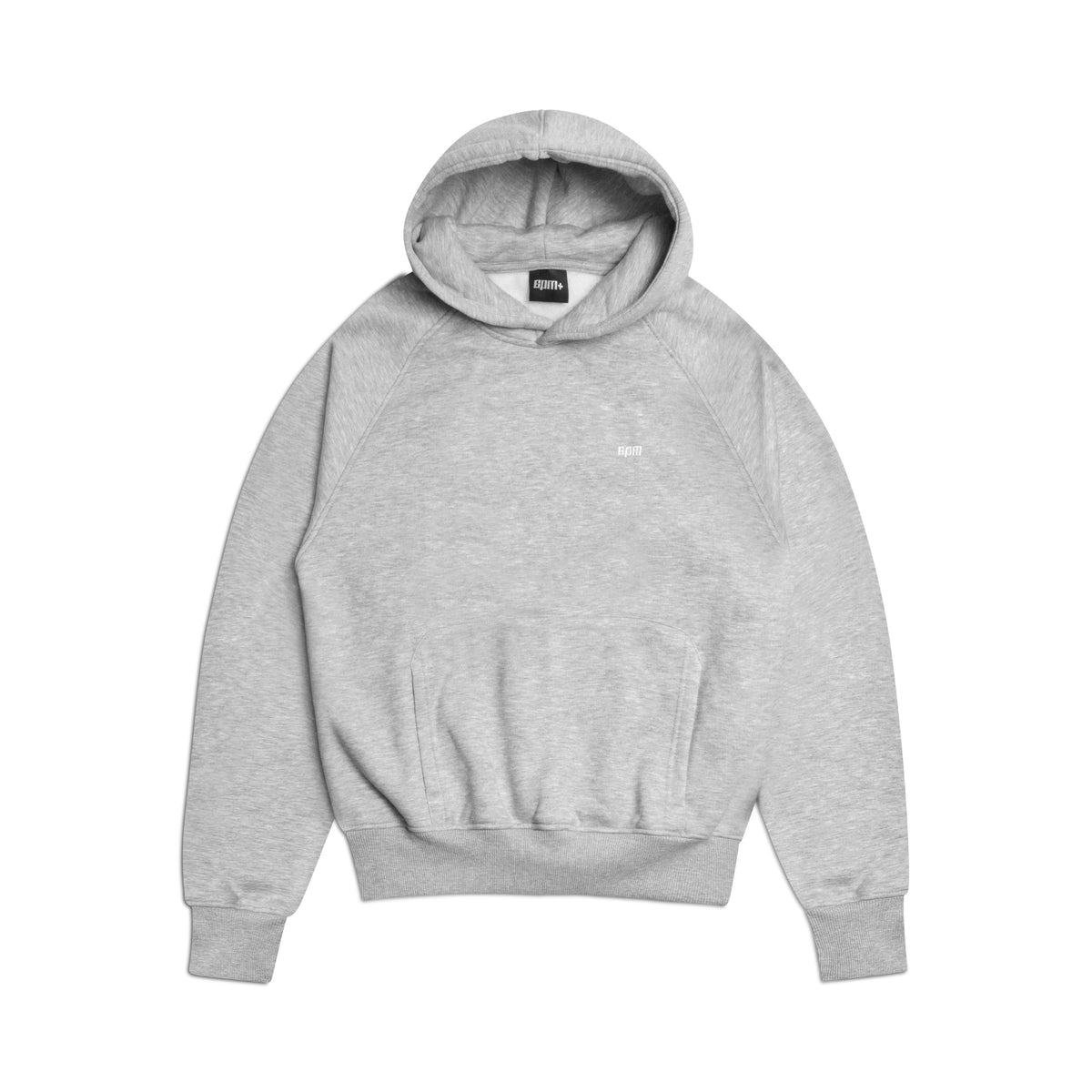 The 6PM HOODIE GREY MELANGE is a light gray raglan-sleeved hoodie with ribbed cuffs and hem and a kangaroo pocket. Shown laid flat on a white background, its perfect for everyday wear.
